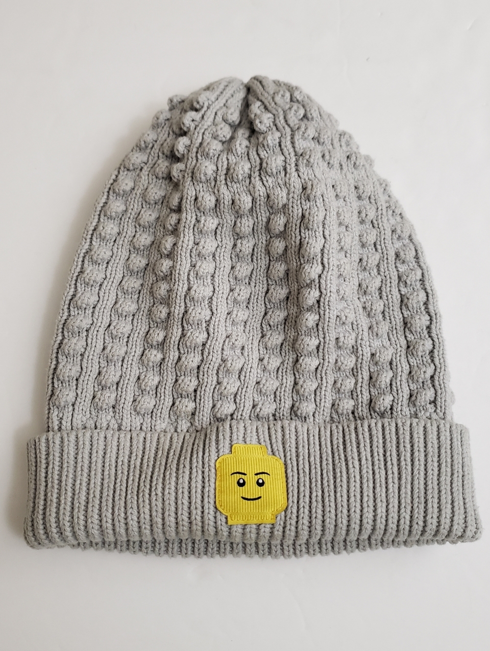 OS Lego Light Gray Knit Beanie With Lego Man Head On Front